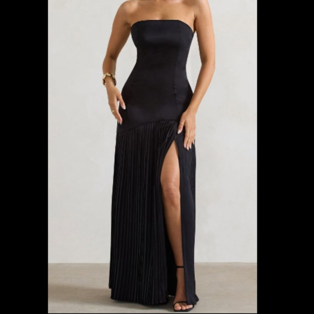 Club L London Confidence | Black Satin Bandeau Pleated Split Maxi Dress